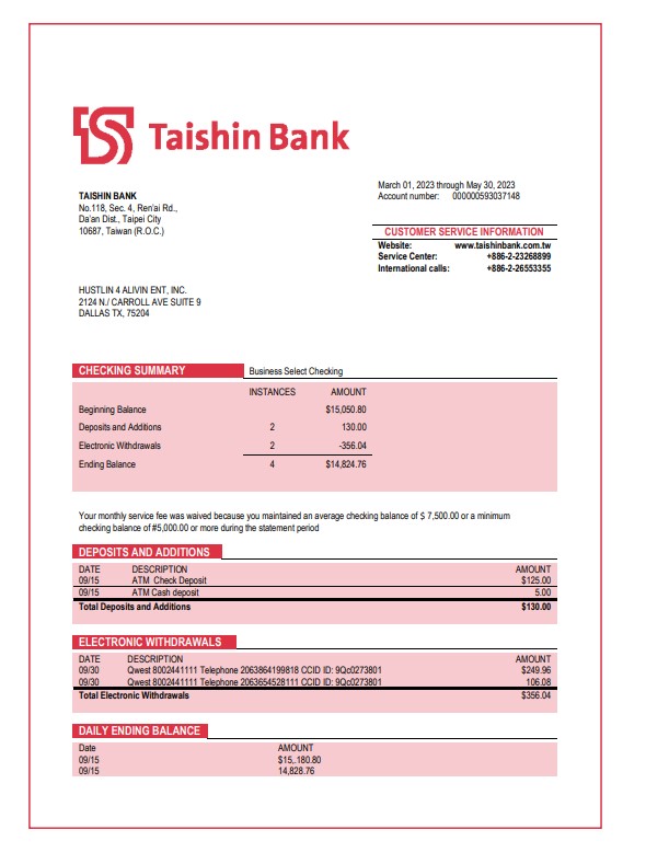 Modèle Word et PDF de déclaration d'entreprise de la Taishin Bank